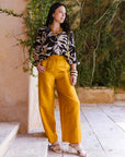 Linen Blend Wide Leg Trousers in Ochre Size 36