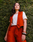 Linen Blend Sleeveless Jacket in Ochre OR Paprika