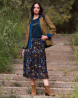 Pleated Printed Skirt in Olive Green