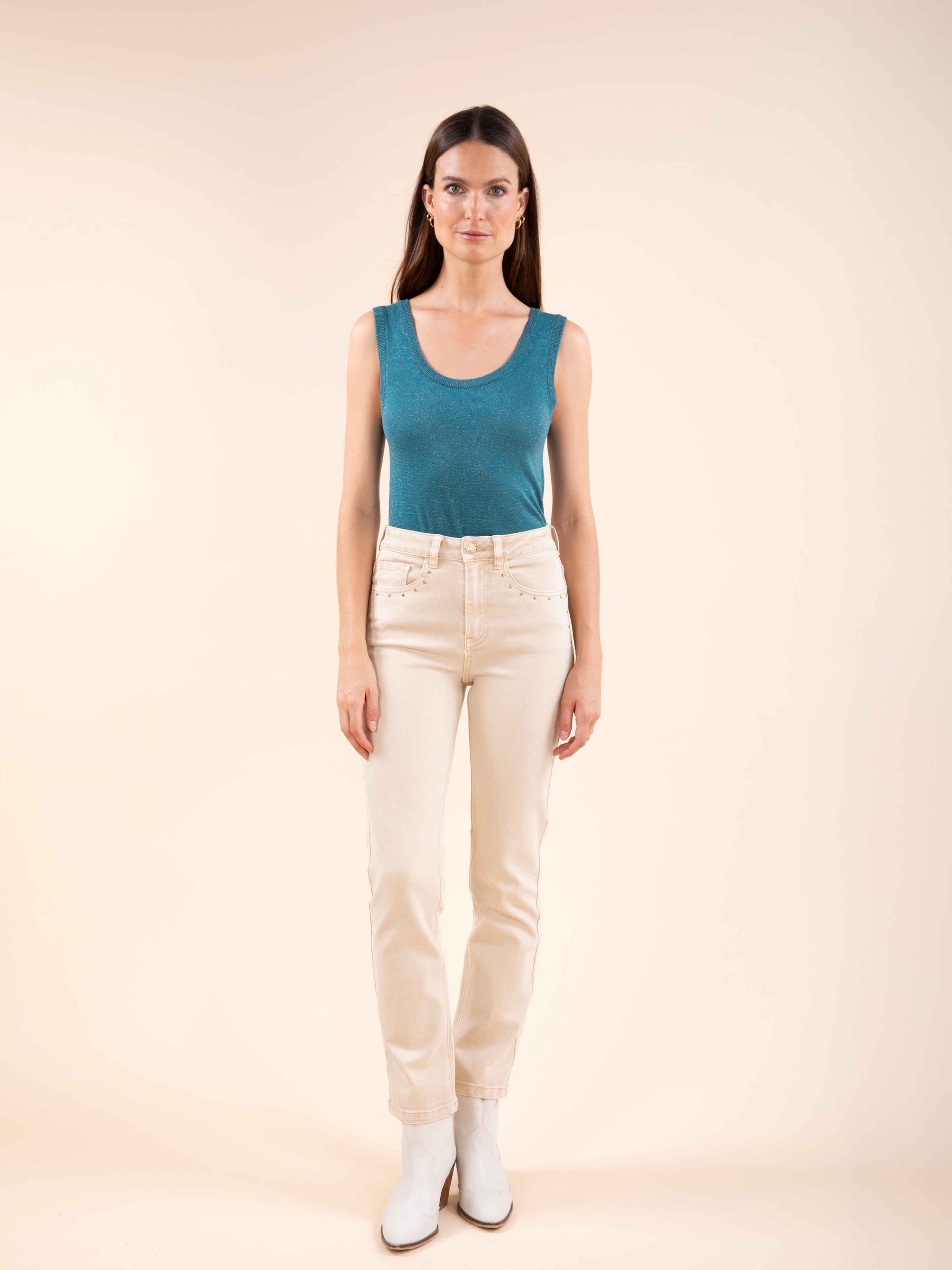 Studded Straight Jeans in Beige