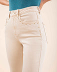 Studded Straight Jeans in Beige