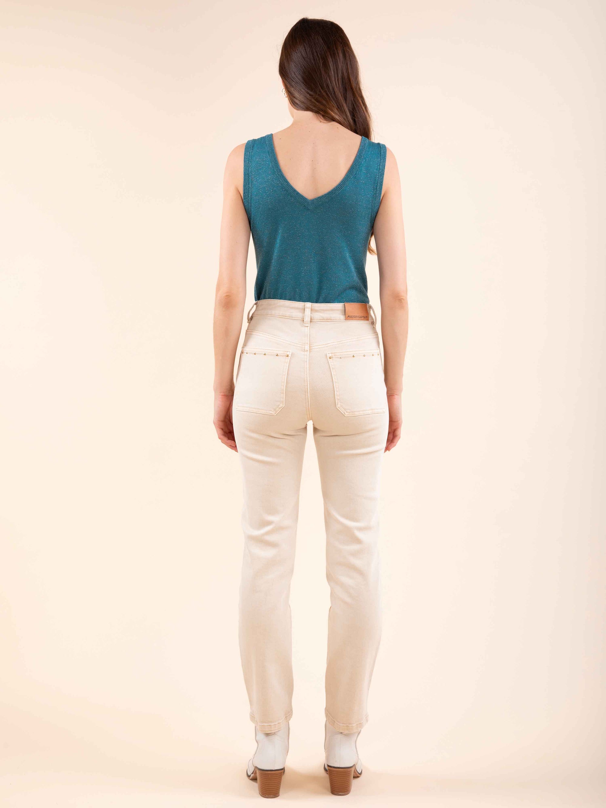 Studded Straight Jeans in Beige