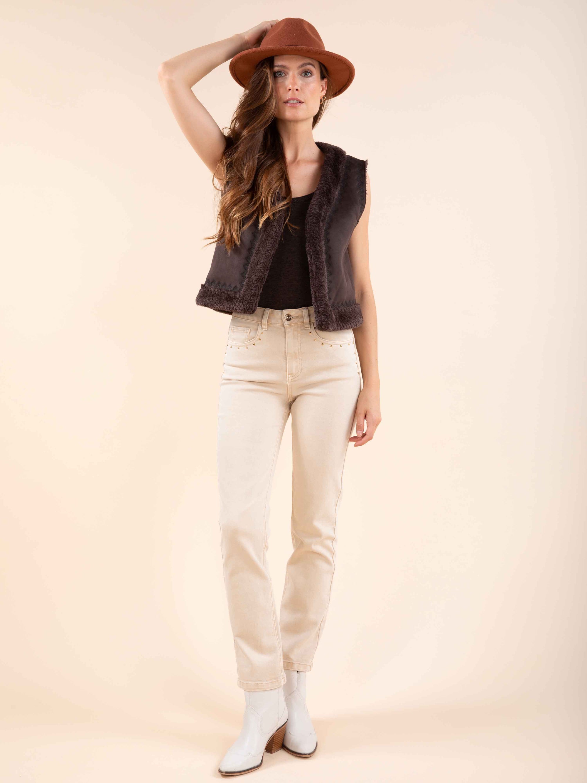 Studded Straight Jeans in Beige