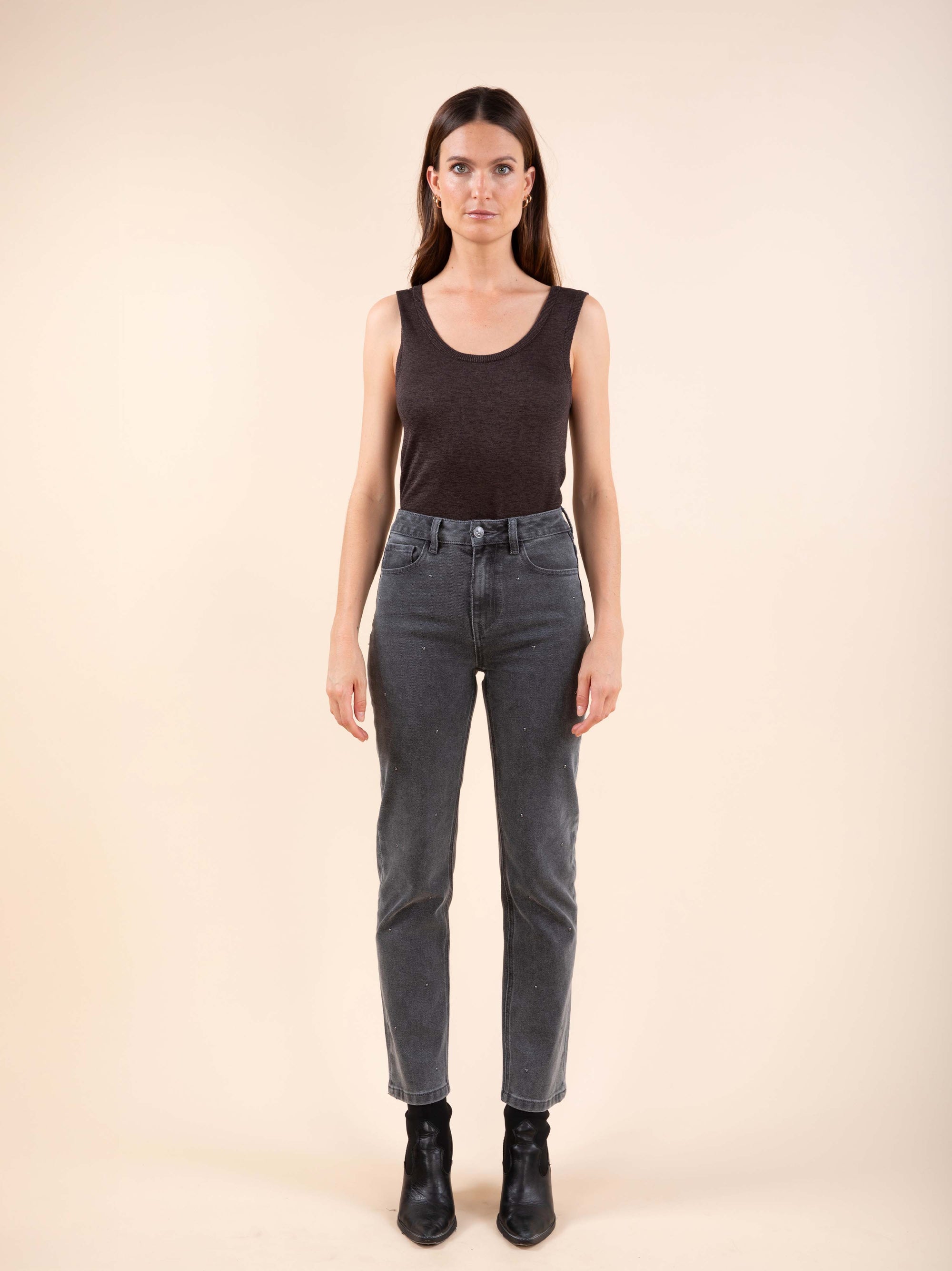Studded Straight Jeans in Grey Denim
