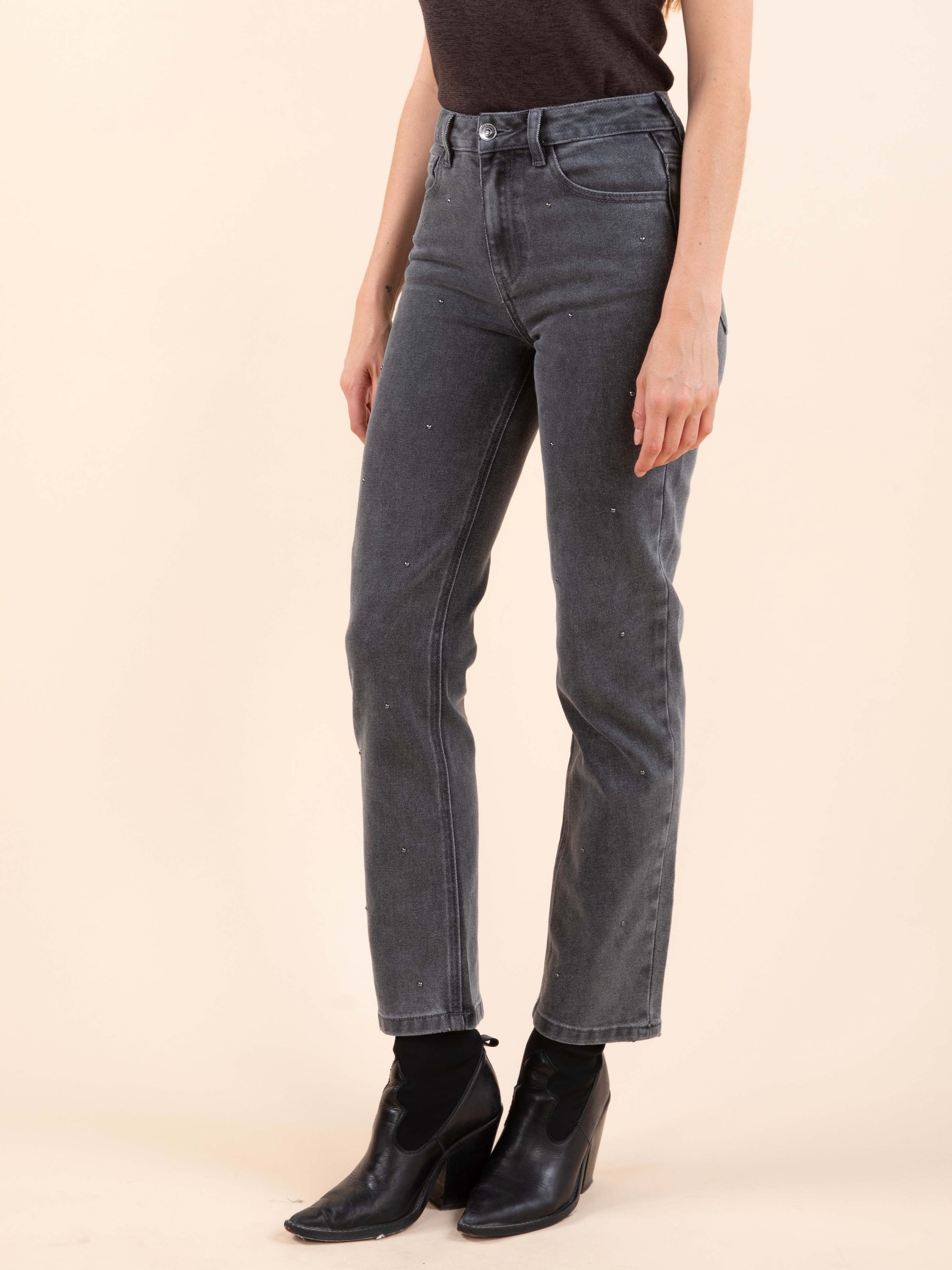Studded Straight Jeans in Grey Denim