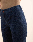 Straight Leg Leopard Print Trousers in Night Blue