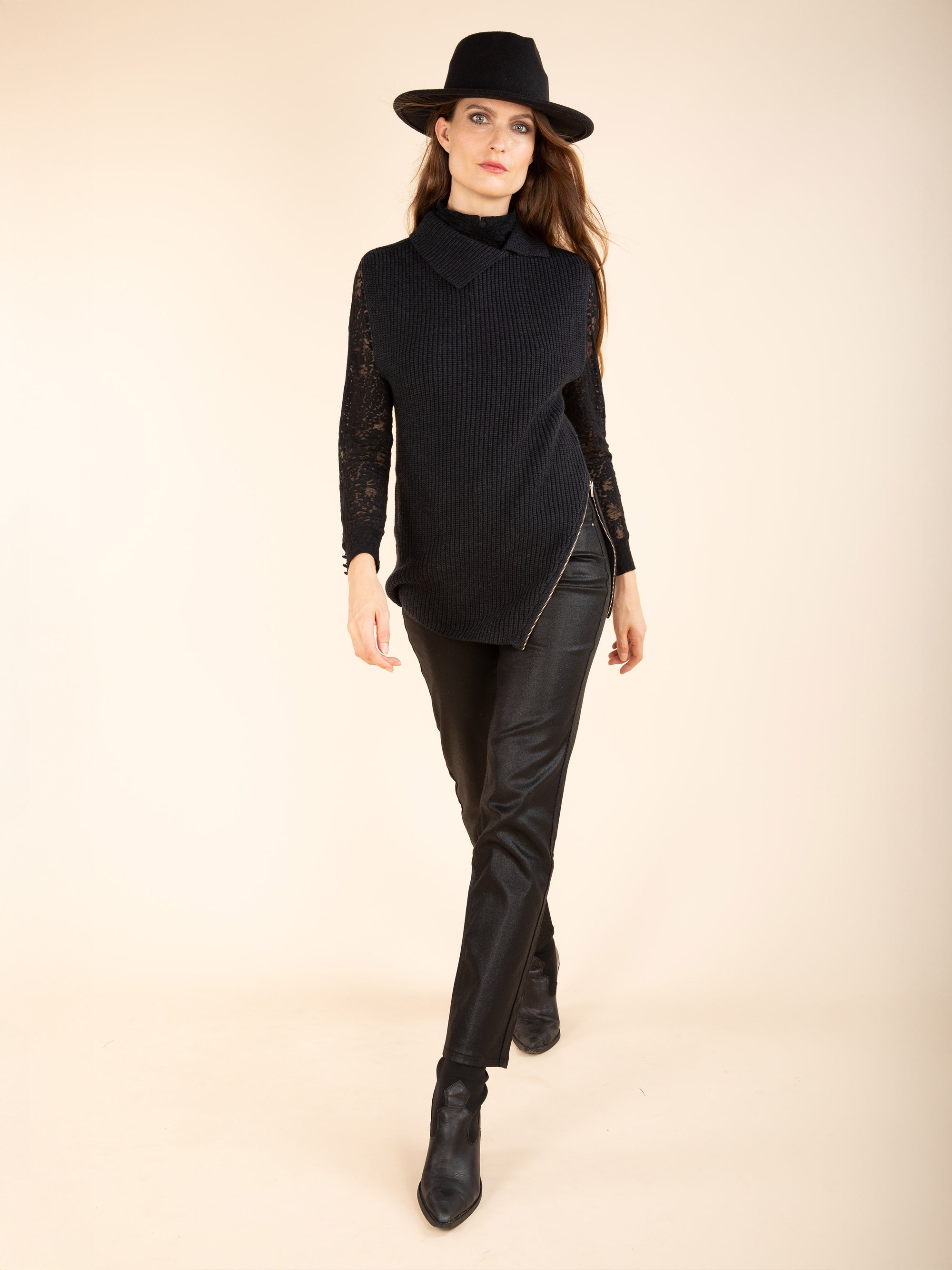Button-Up High-Neck T-Shirt in Black. (Size T1 can be pre-ordered for Dec delivery - message us)