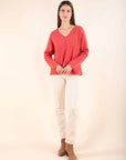 V Neck Jumper in Deep Coral