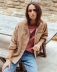 Button Down Shacket in Camel