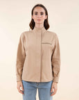 Button Down Shacket in Camel