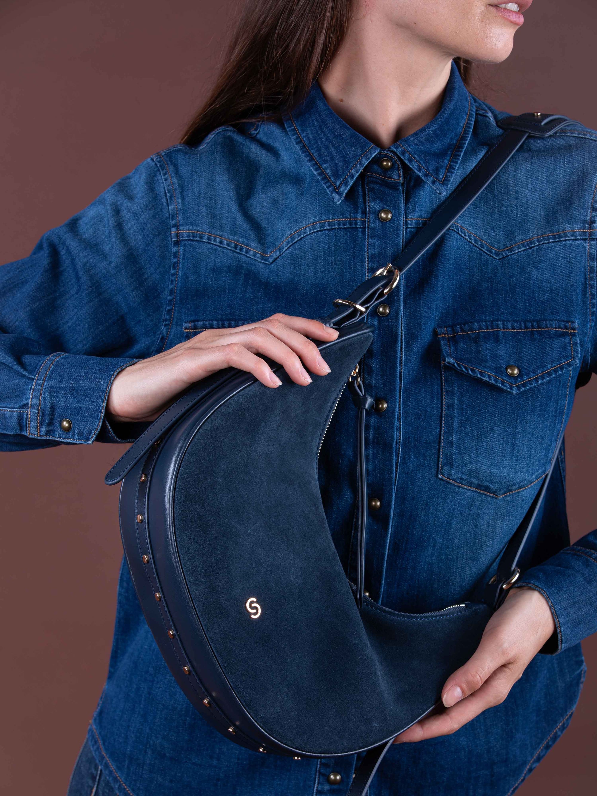 LUCIEN Half Moon Bag in Denim Blue