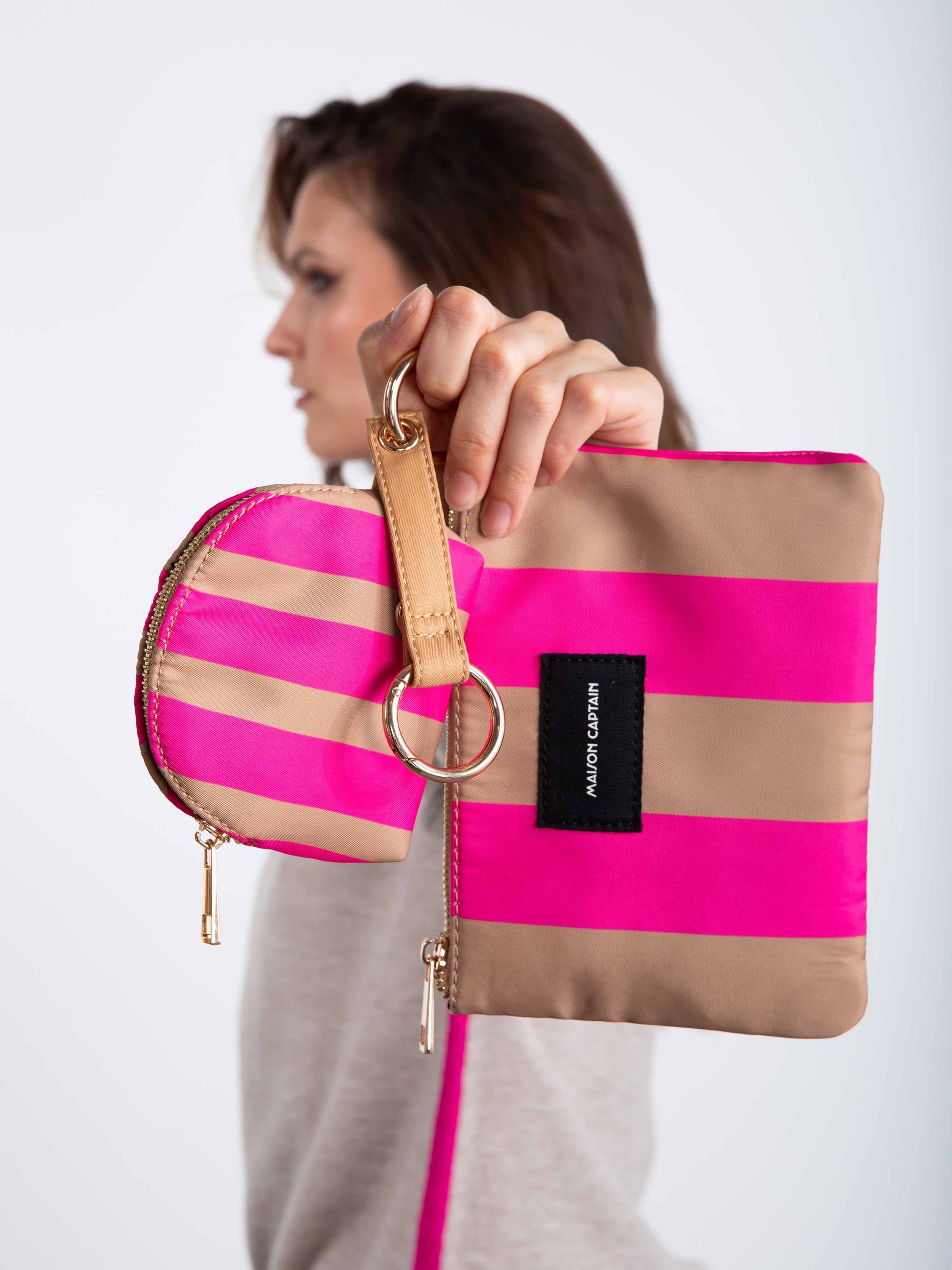Striped Pouches in Hazlenut and Pink