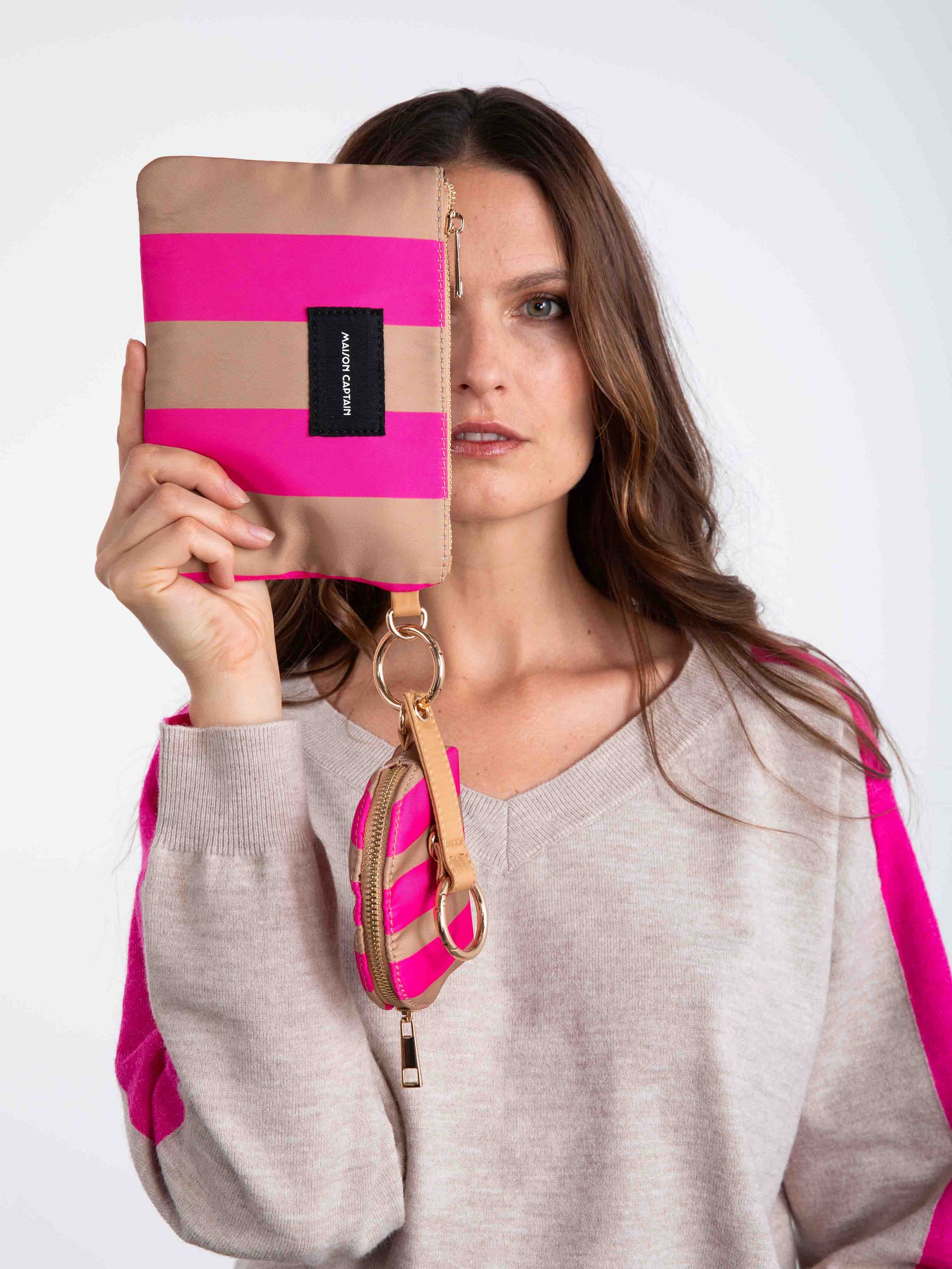 Striped Pouches in Hazlenut and Pink