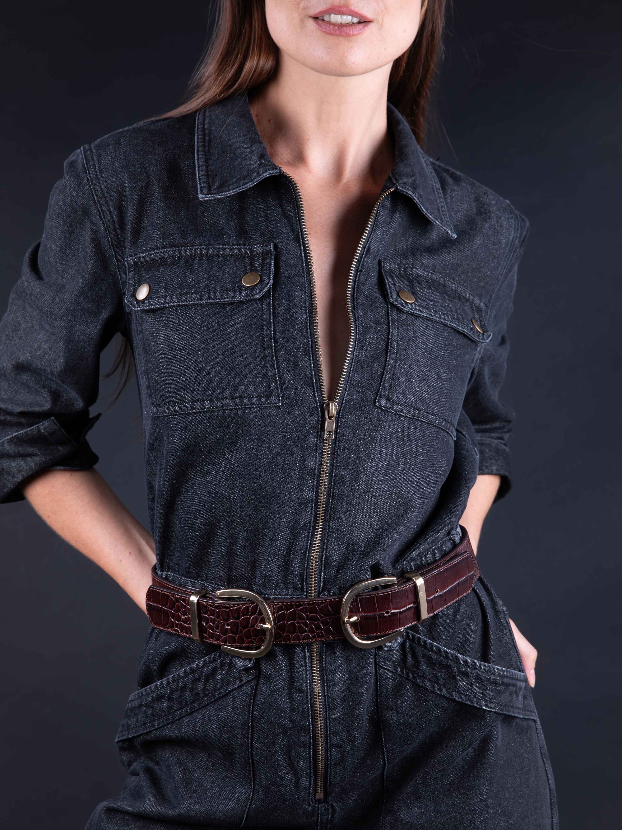 PRE-ORDER AVAILABLE NEW STOCK ARRIVING MID NOVEMBER MAEL - Crocodile Effect Belt in Cognac Brown