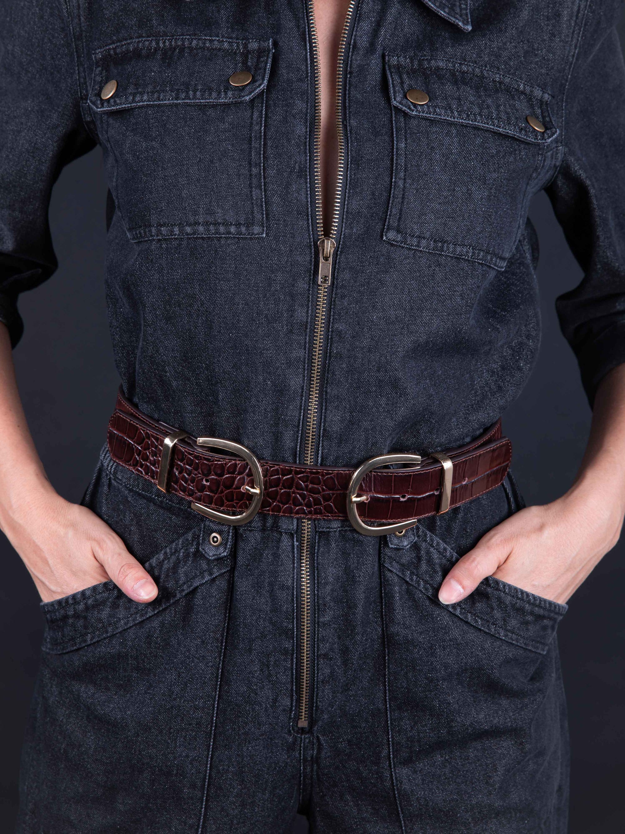 PRE-ORDER AVAILABLE NEW STOCK ARRIVING MID NOVEMBER MAEL - Crocodile Effect Belt in Cognac Brown