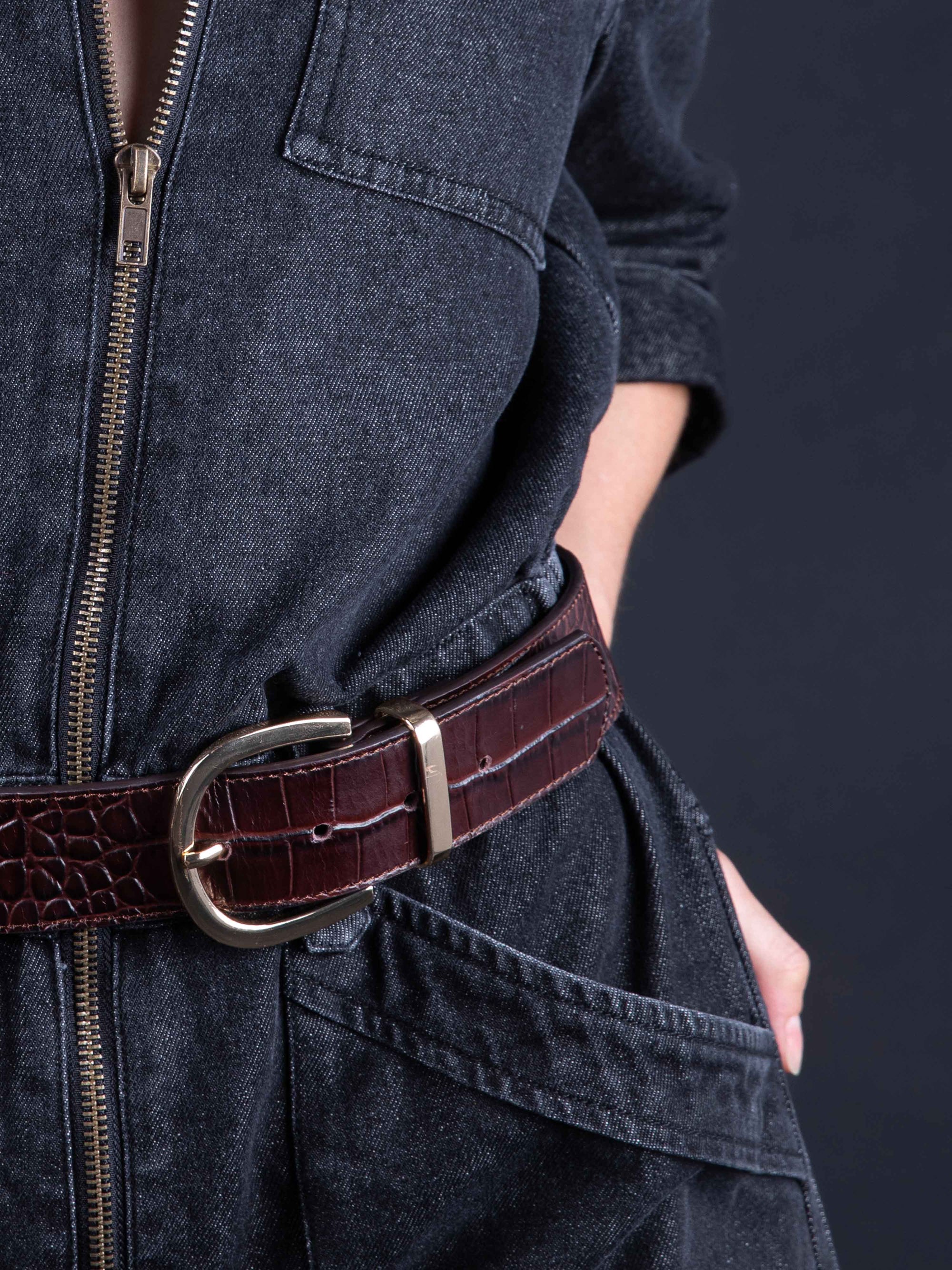 PRE-ORDER AVAILABLE NEW STOCK ARRIVING MID NOVEMBER MAEL - Crocodile Effect Belt in Cognac Brown