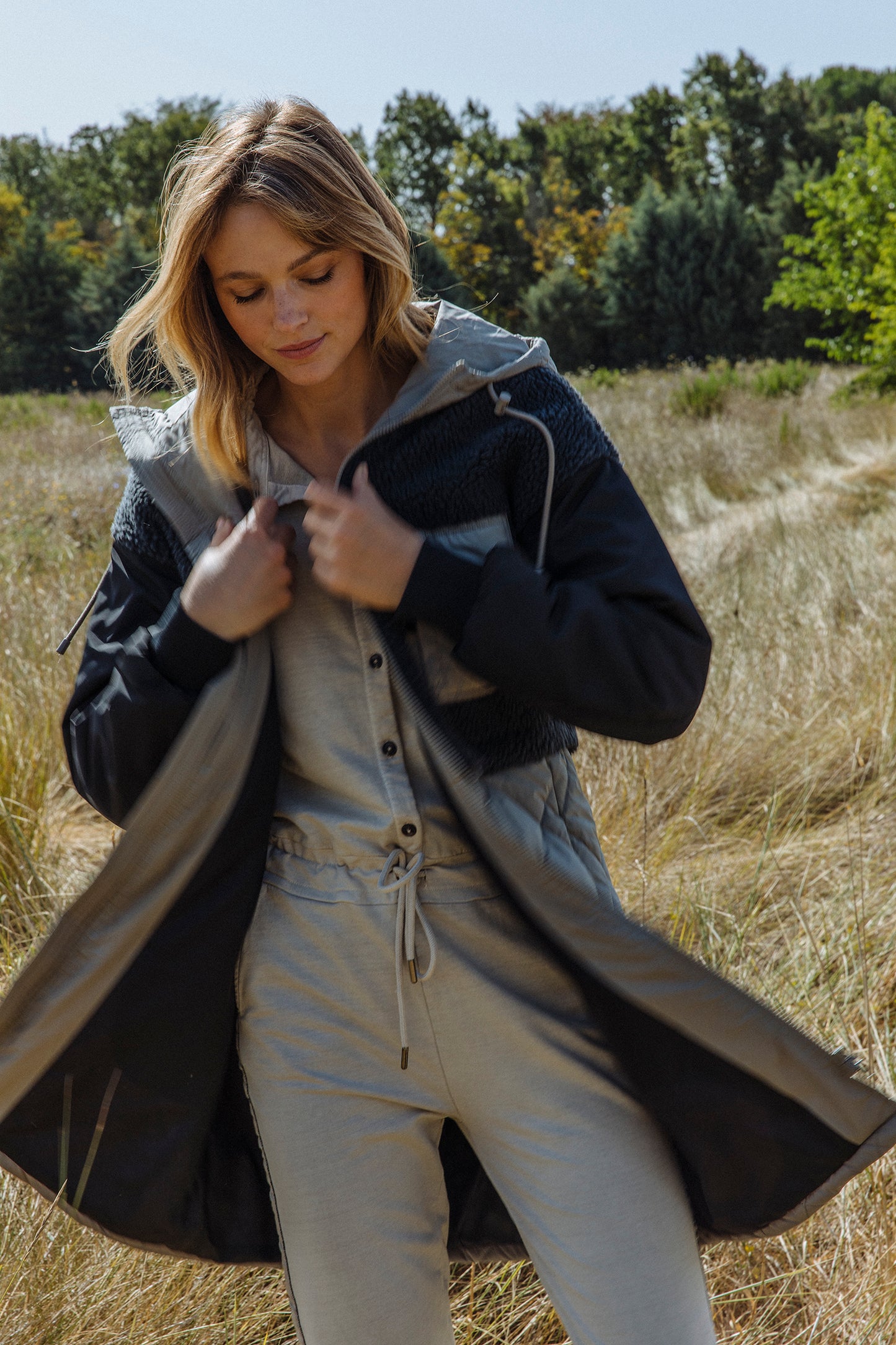 Mixed Material Parka in Grey