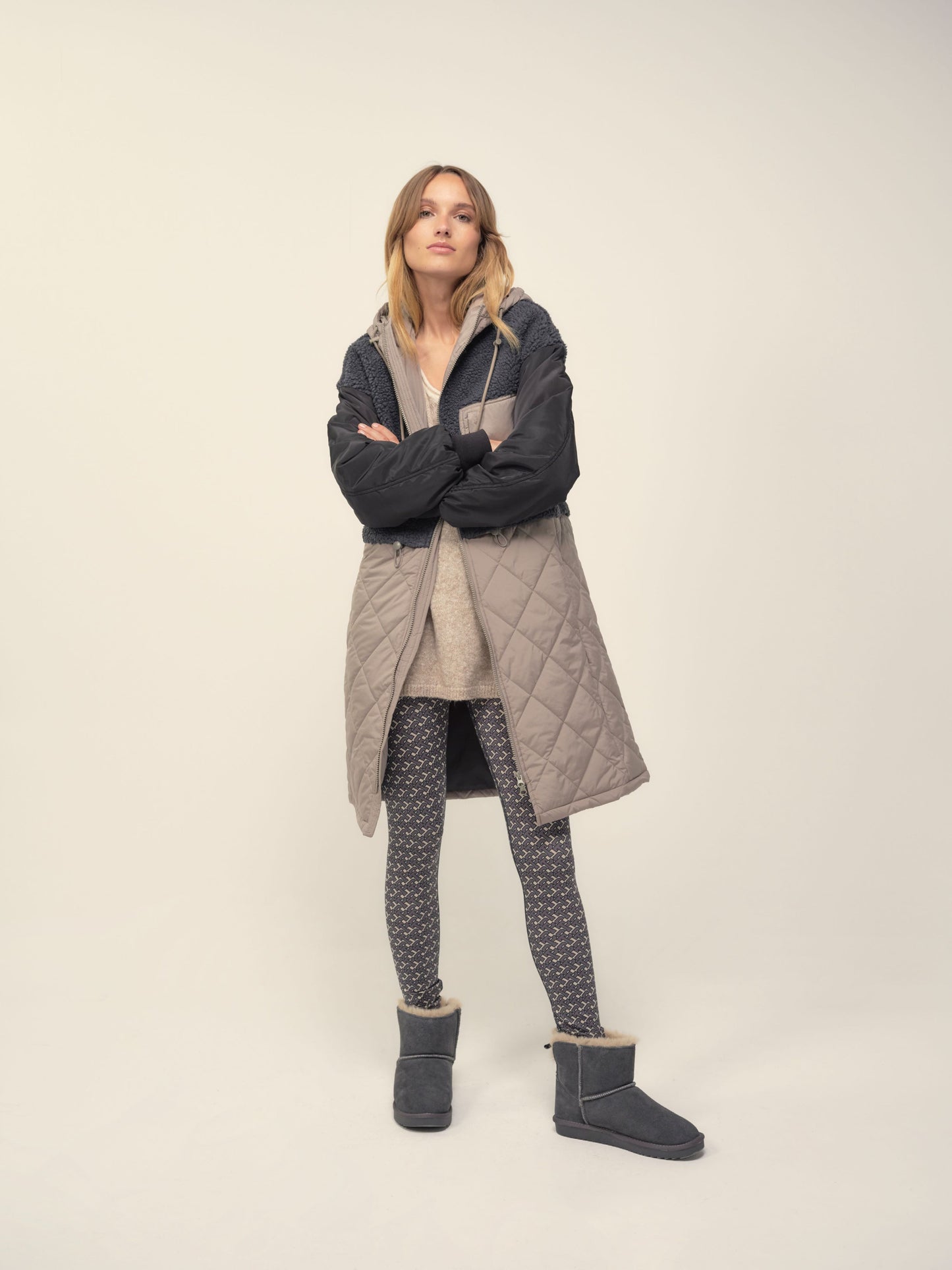 Mixed Material Parka in Grey
