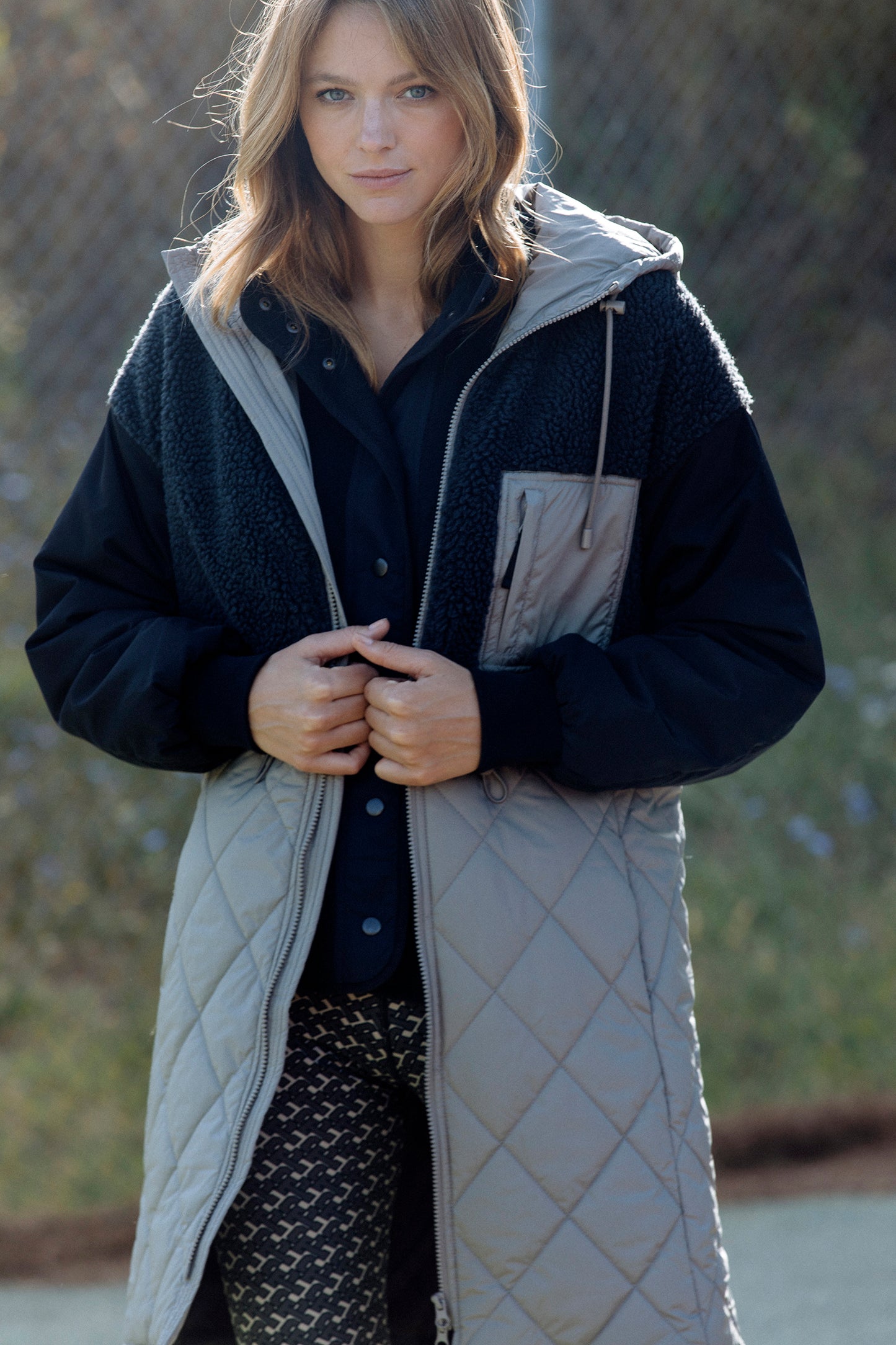 Mixed Material Parka in Grey