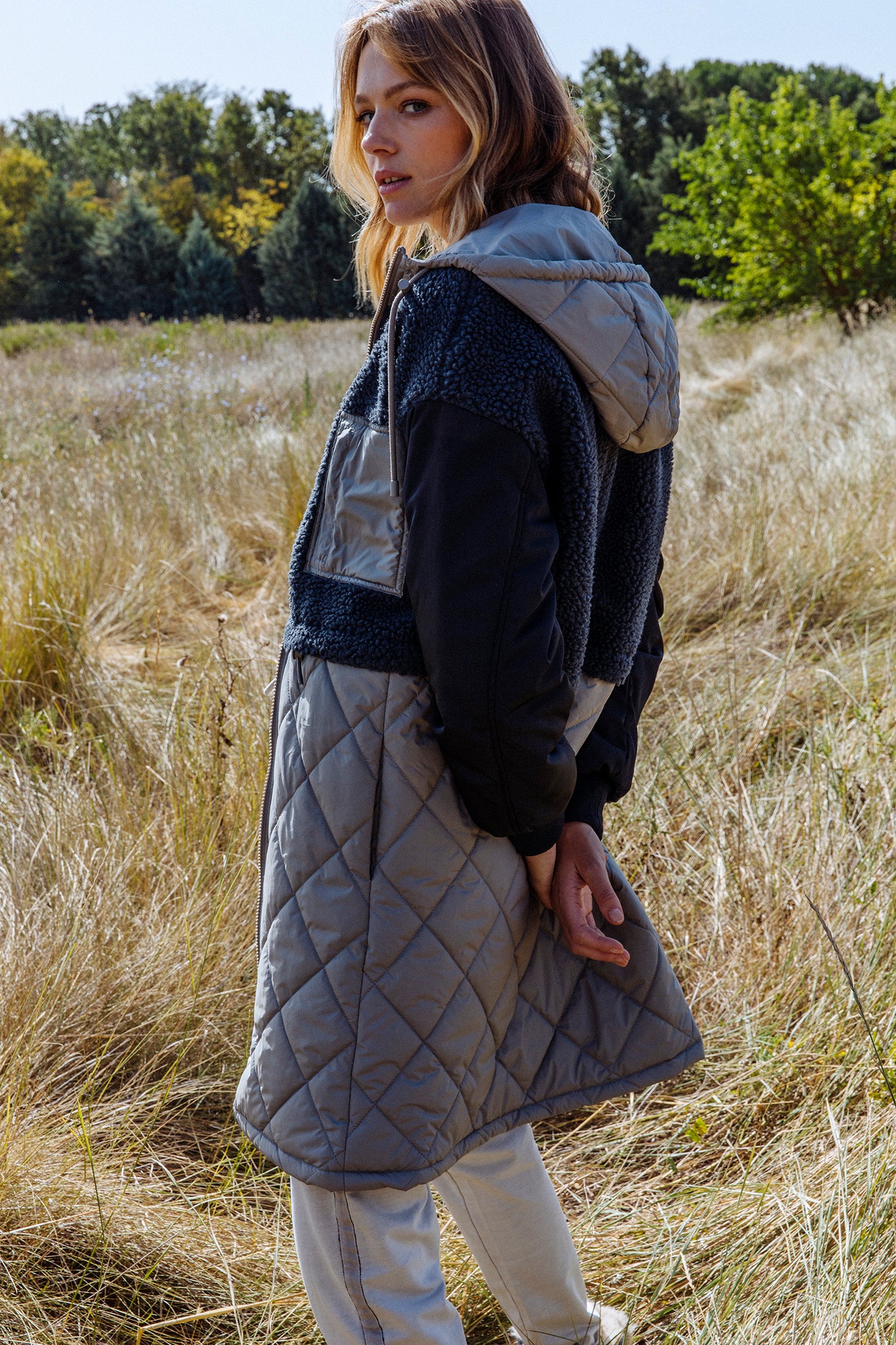 Mixed Material Parka in Grey