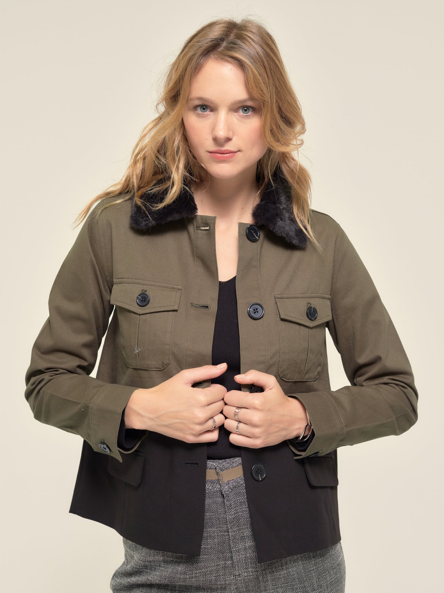 Bi-Material Khaki and Black Army Jacket
