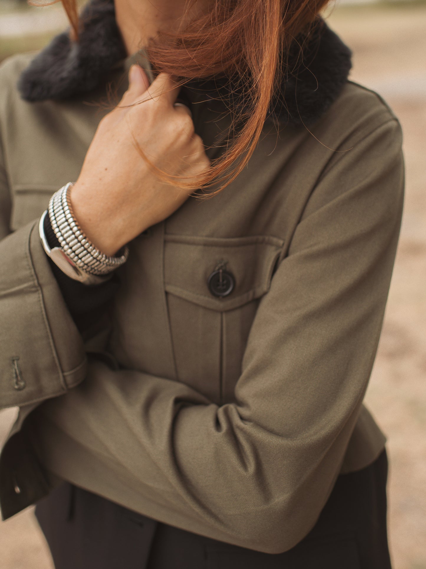 Bi-Material Khaki and Black Army Jacket