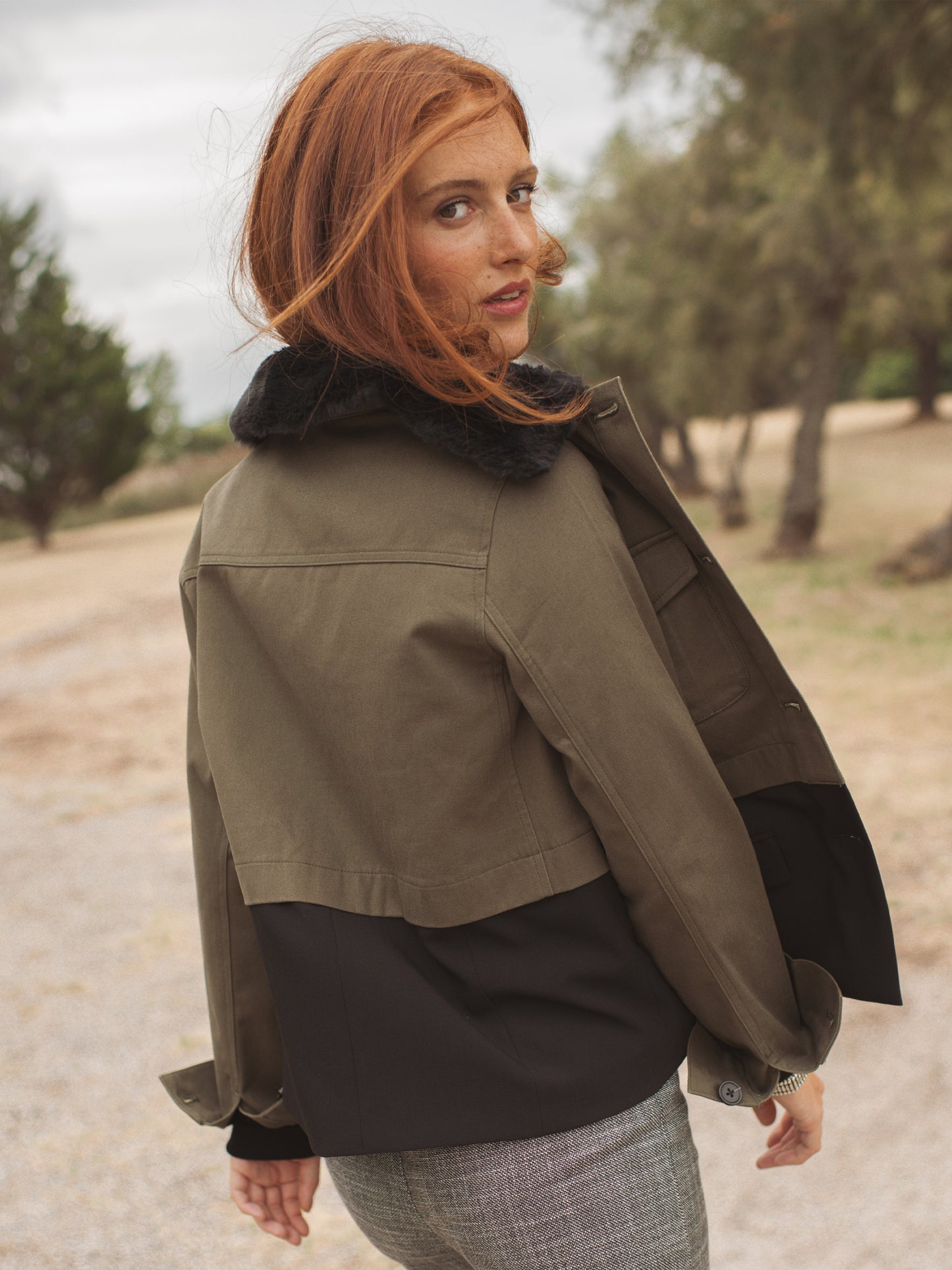 Bi-Material Khaki and Black Army Jacket