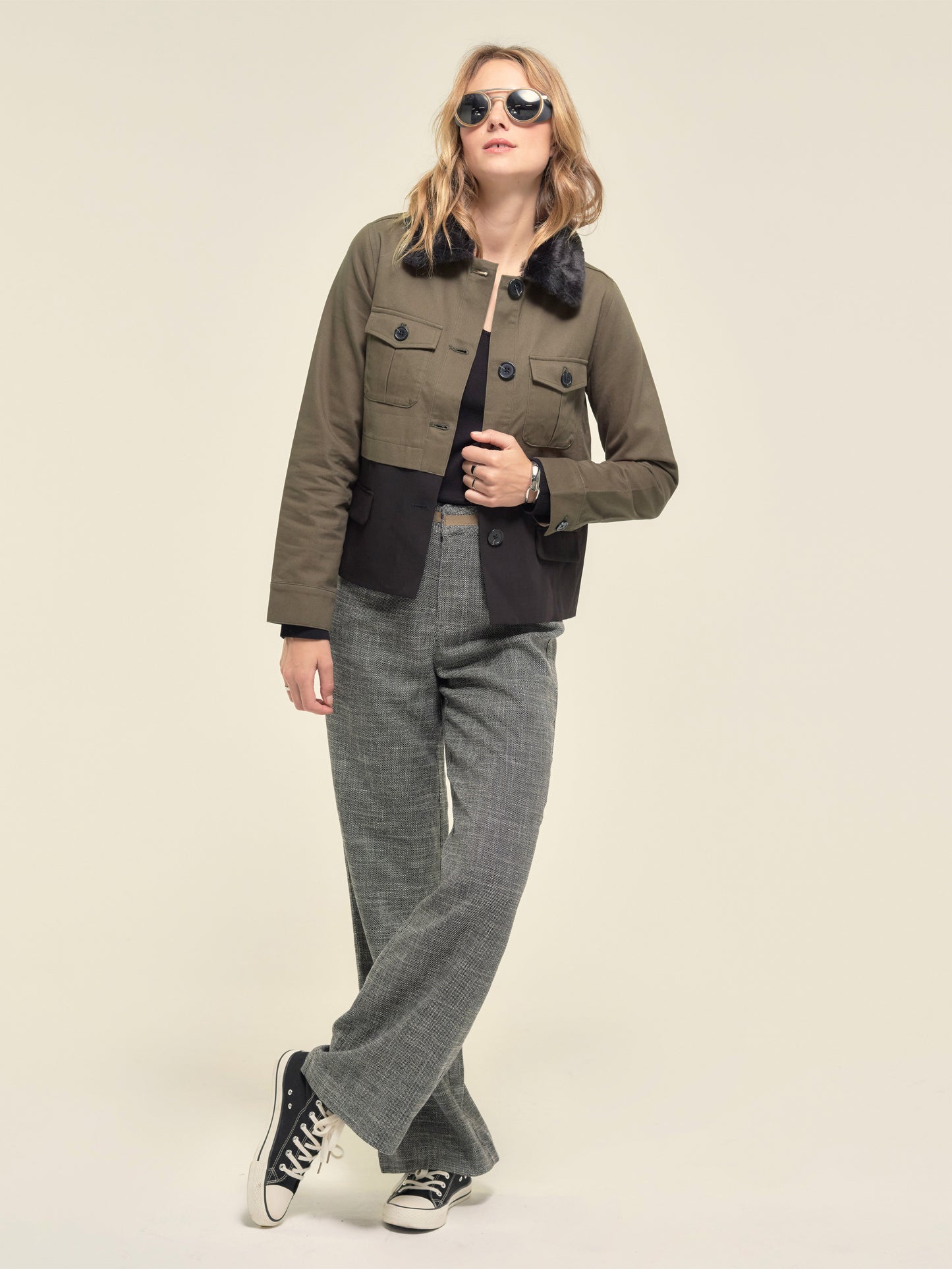 Bi-Material Khaki and Black Army Jacket