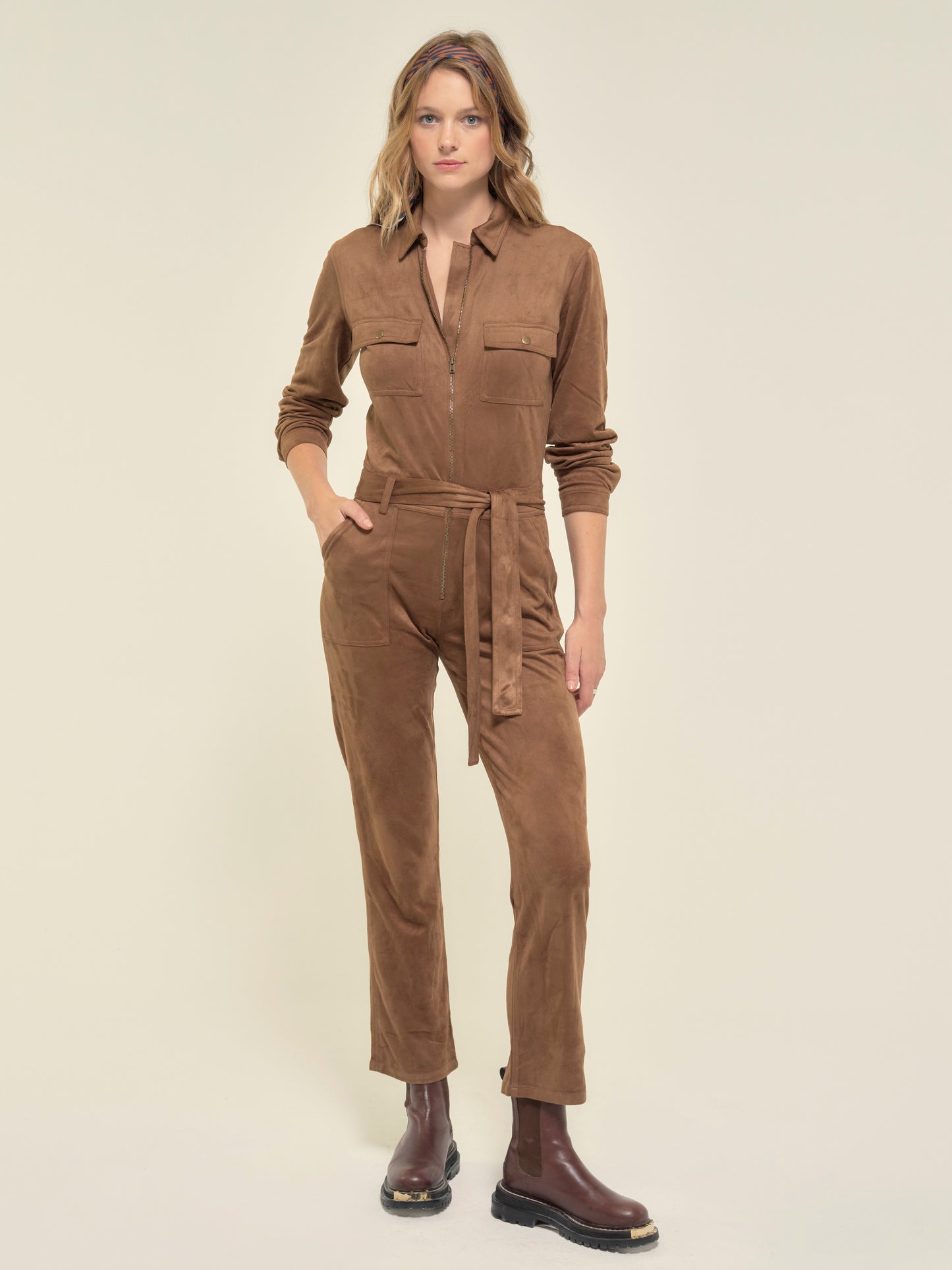 Faux Suede Jumpsuit with Pockets
