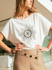 Cream Beaded embroidered t-shirt
