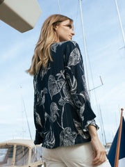 Shirt with palm ruffles in midnight blue