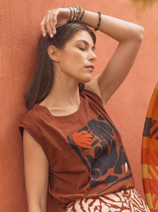Patterned Motif T-shirt in Terracotta