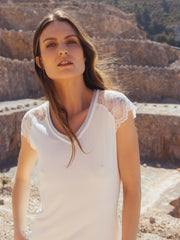 Limited Edition V Neck Tshirt with Lace Sleeves in Ivory