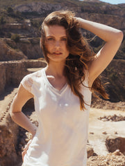 Limited Edition V Neck Tshirt with Lace Sleeves in Ivory