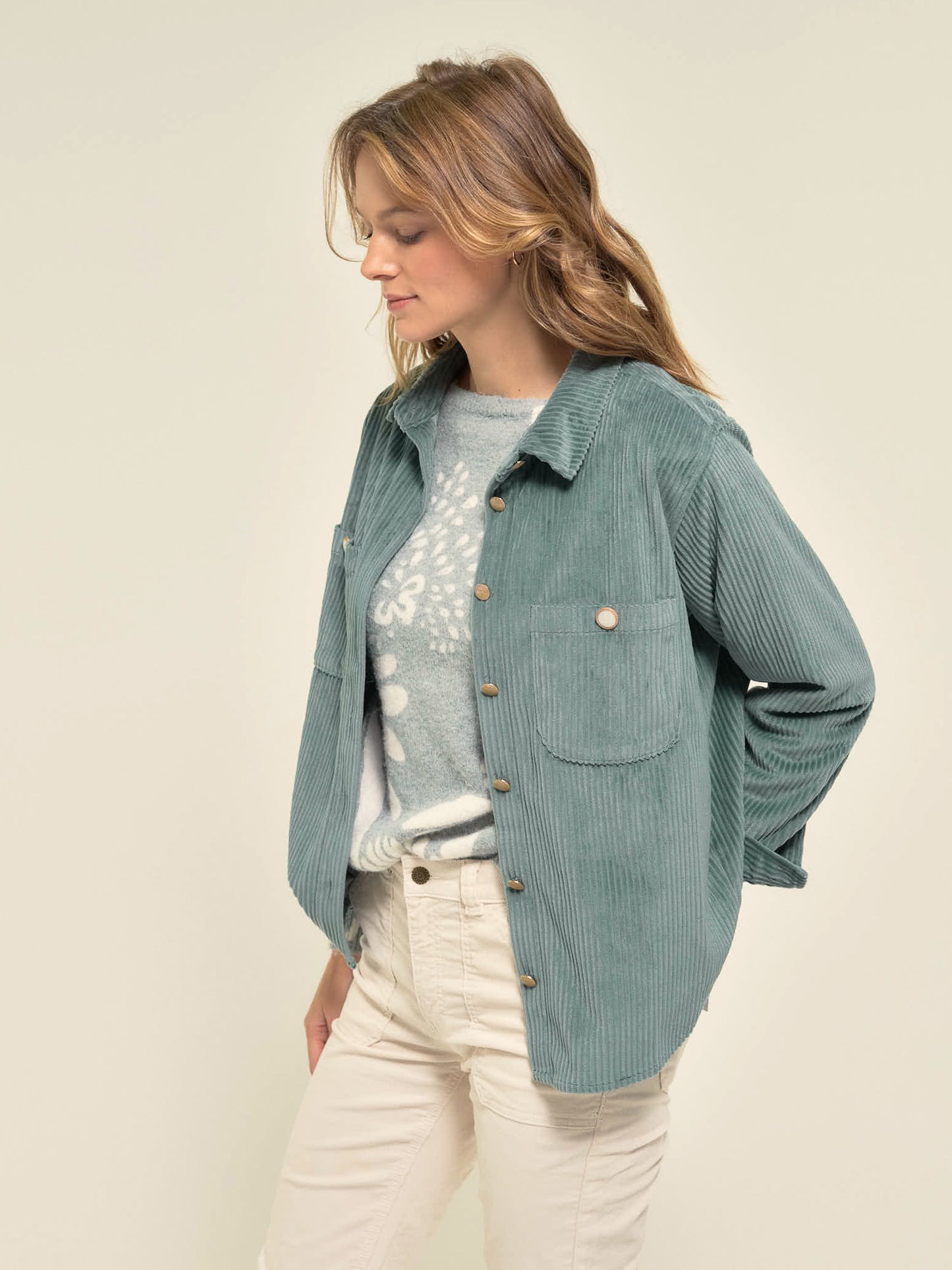 Velvet Soft Cord Overshirt in Celadon