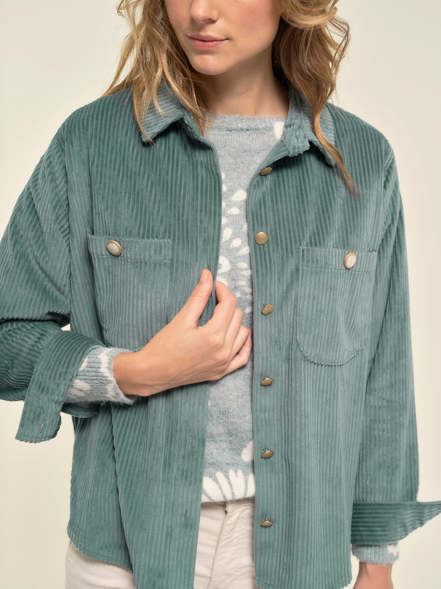 Velvet Soft Cord Overshirt in Celadon