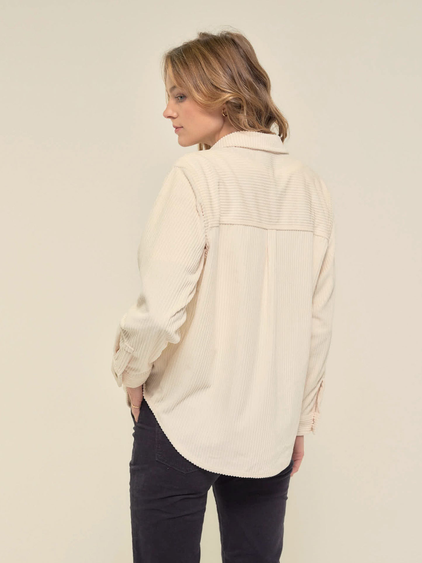 Velvet Soft Cord Overshirt in Ecru