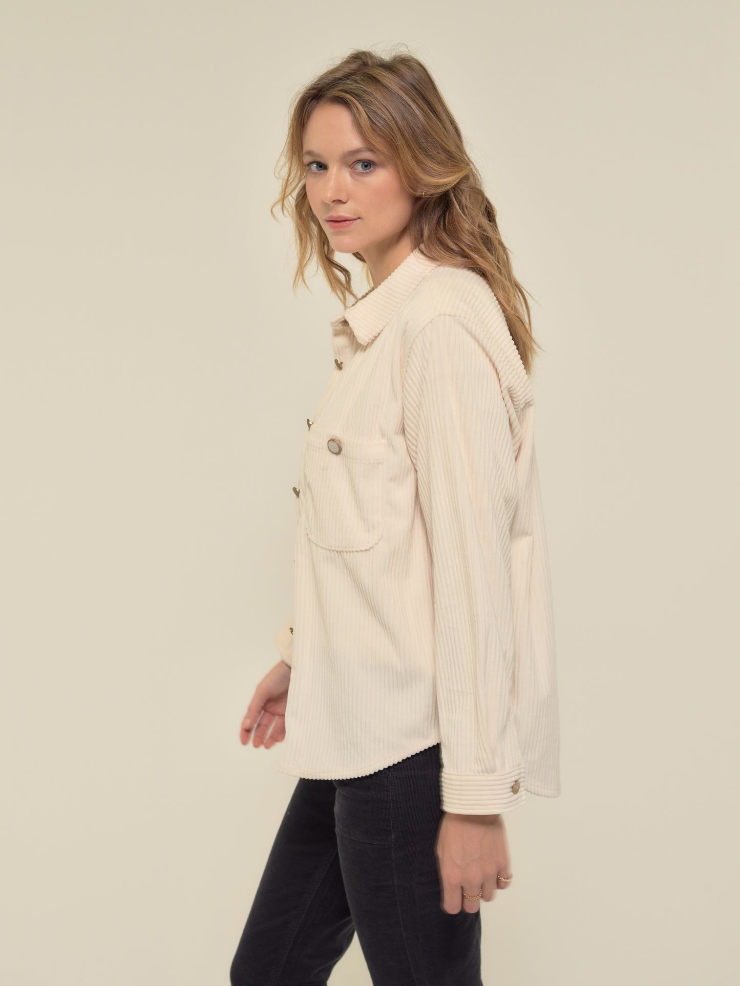 Velvet Soft Cord Overshirt in Ecru