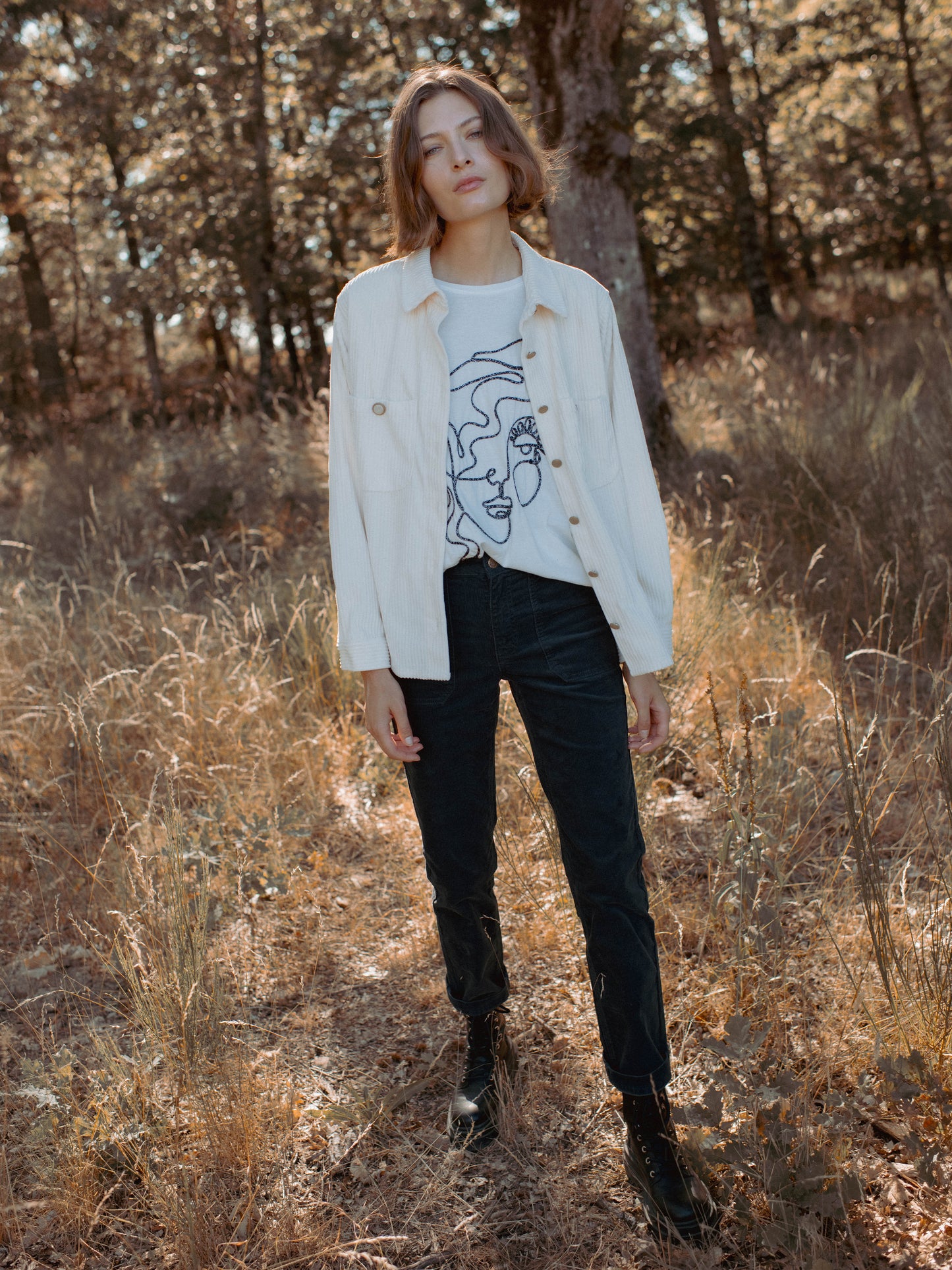 Velvet Soft Cord Overshirt in Ecru