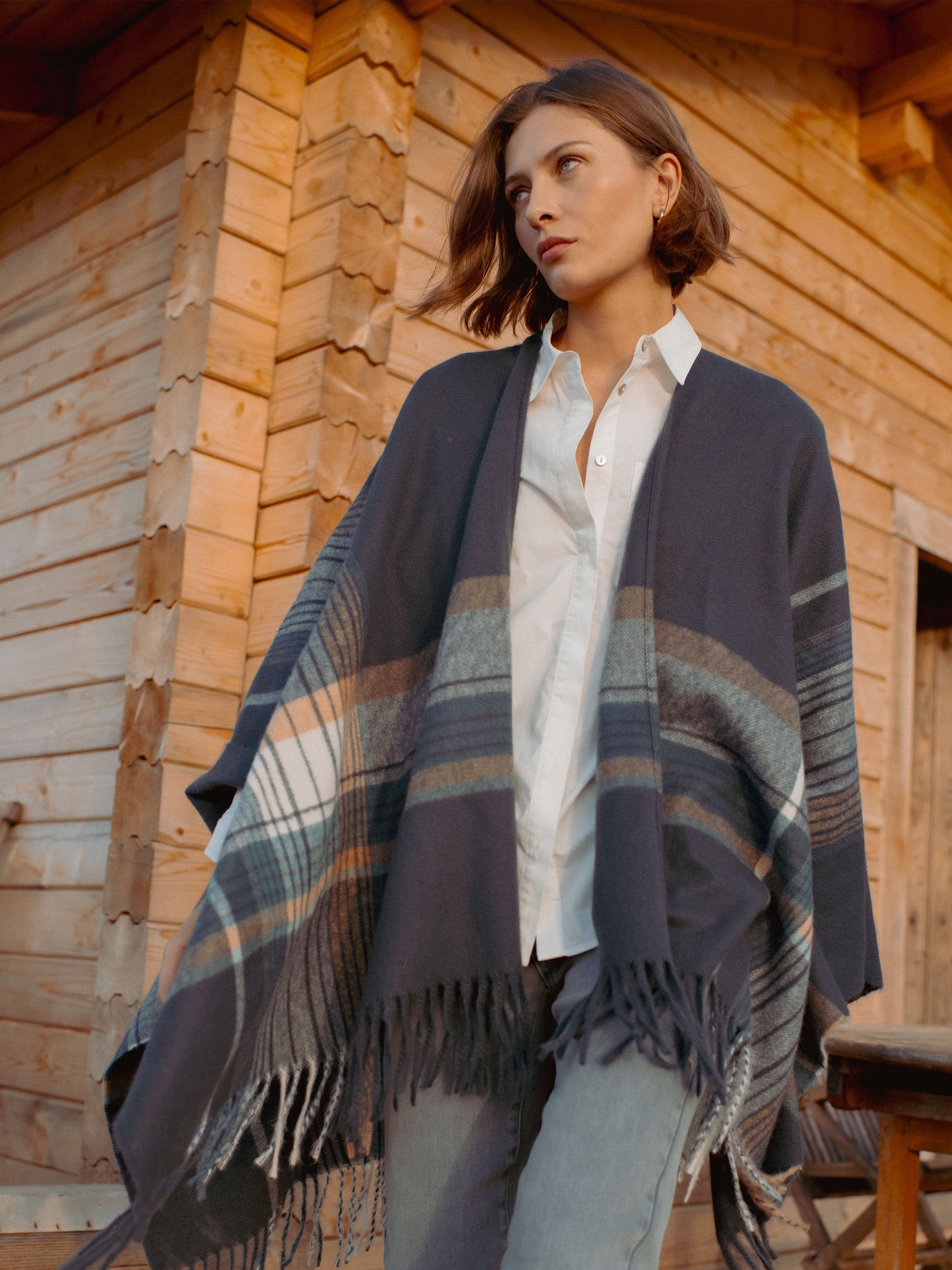 Checked Poncho Wrap in Slate