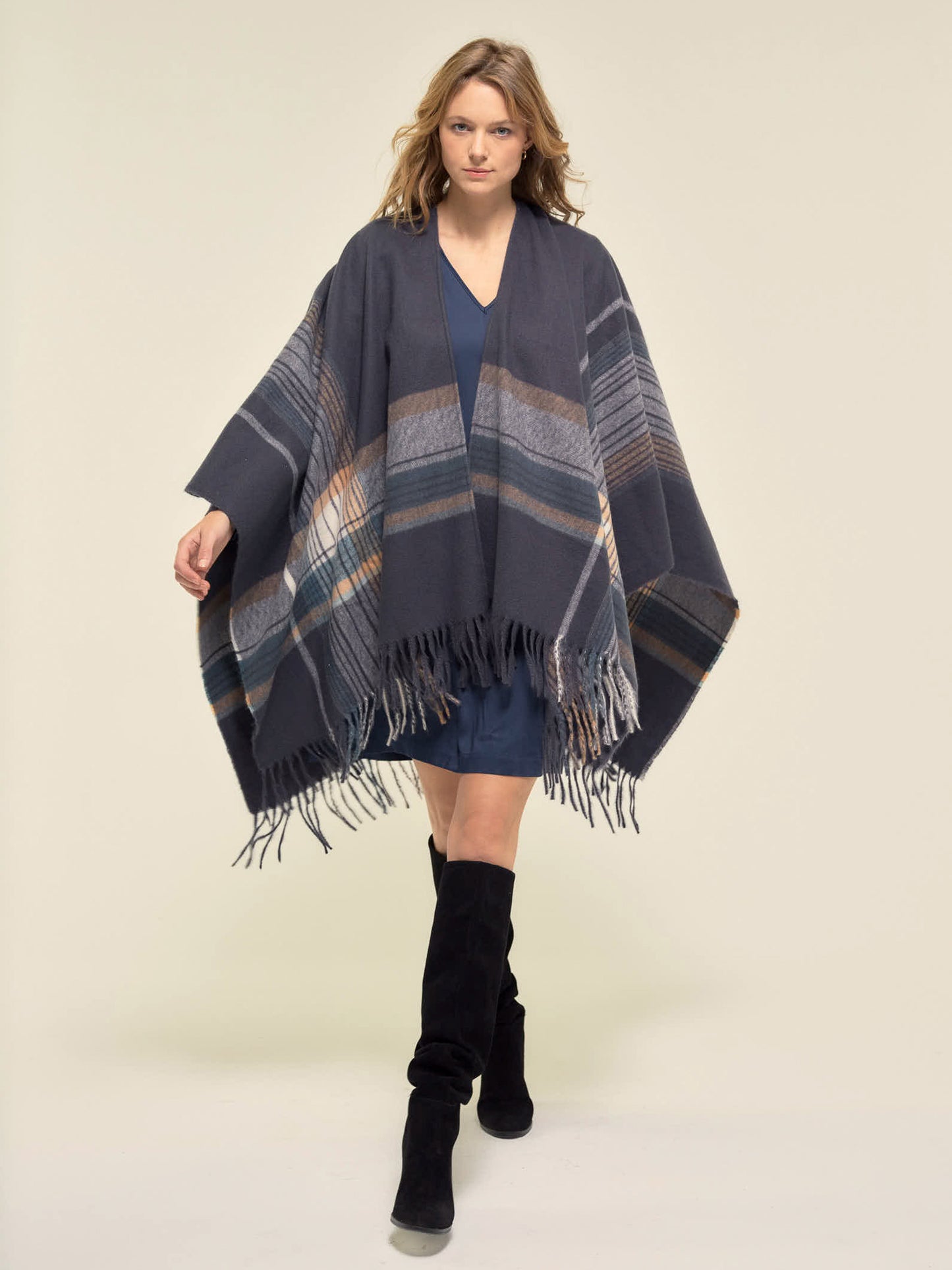 Checked Poncho Wrap in Slate