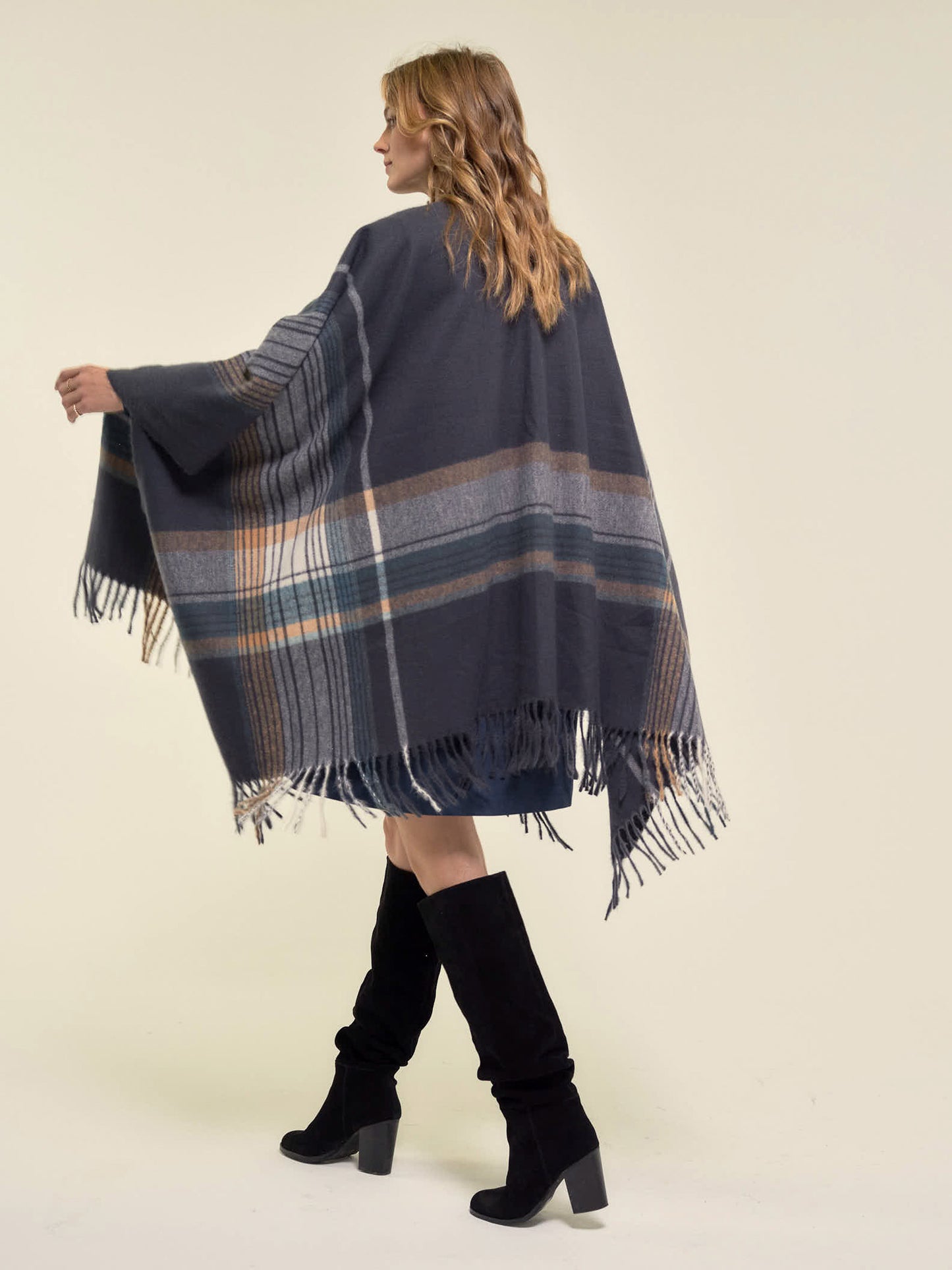 Checked Poncho Wrap in Slate