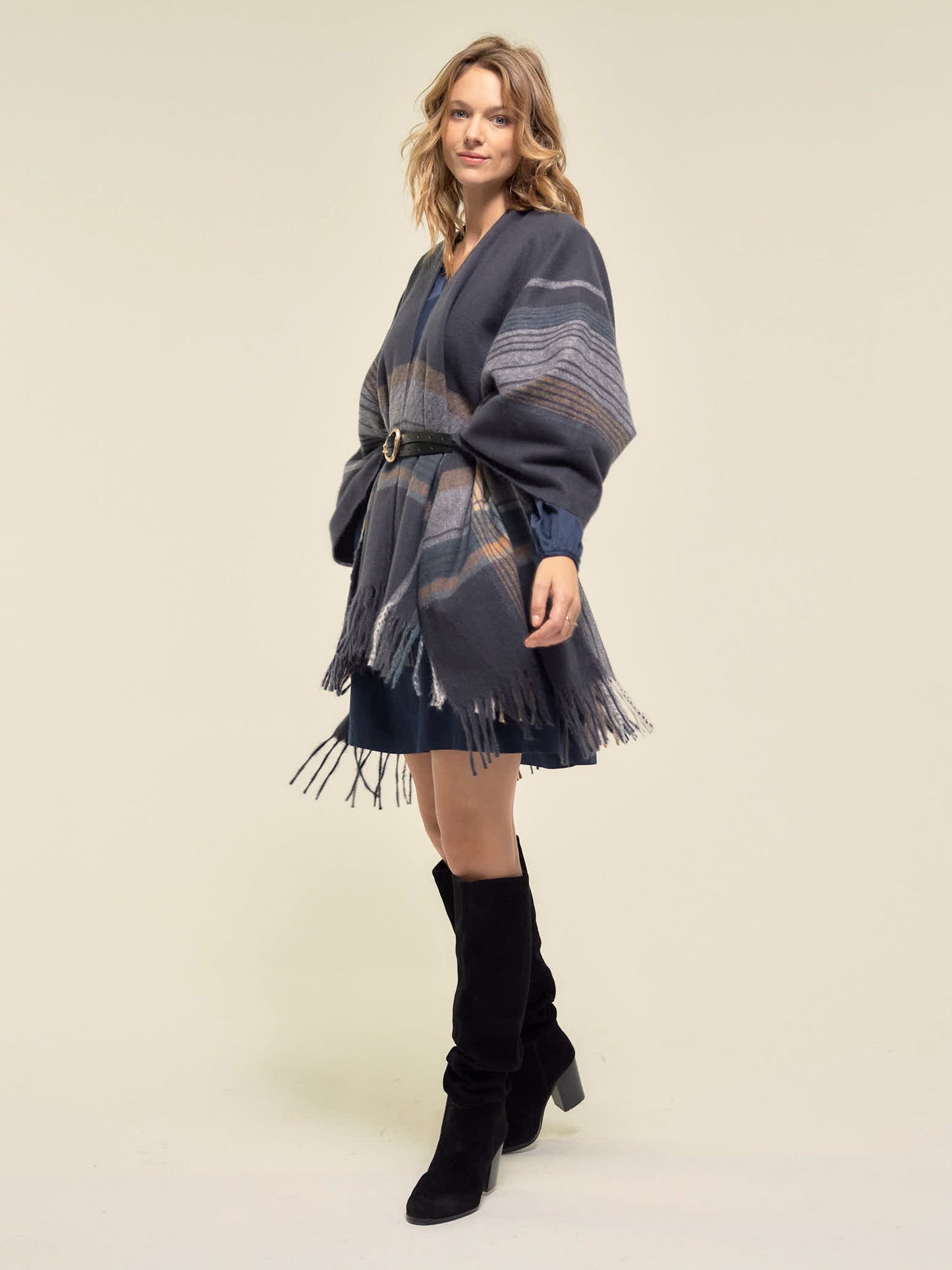 Checked Poncho Wrap in Slate