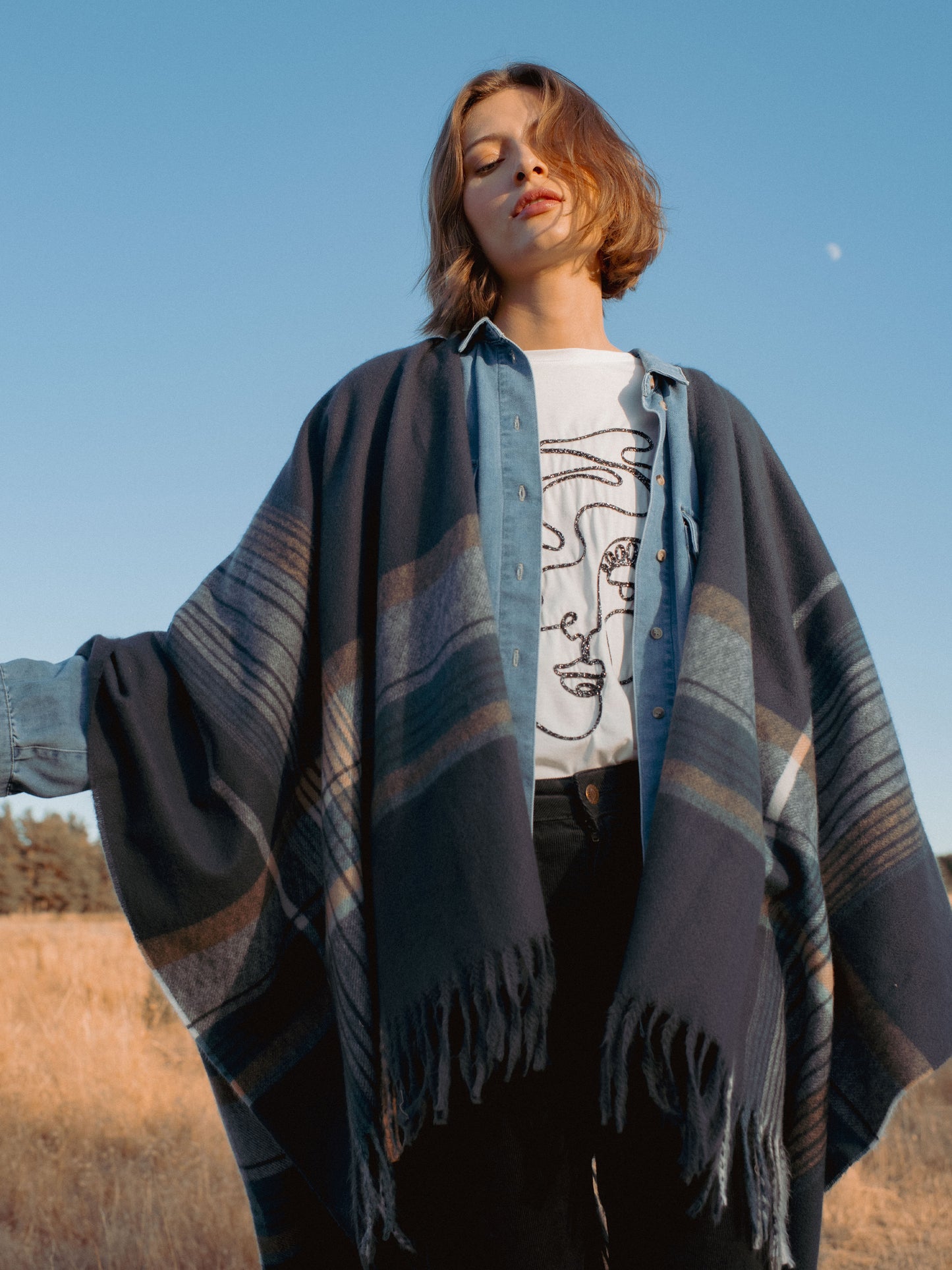 Checked Poncho Wrap in Slate