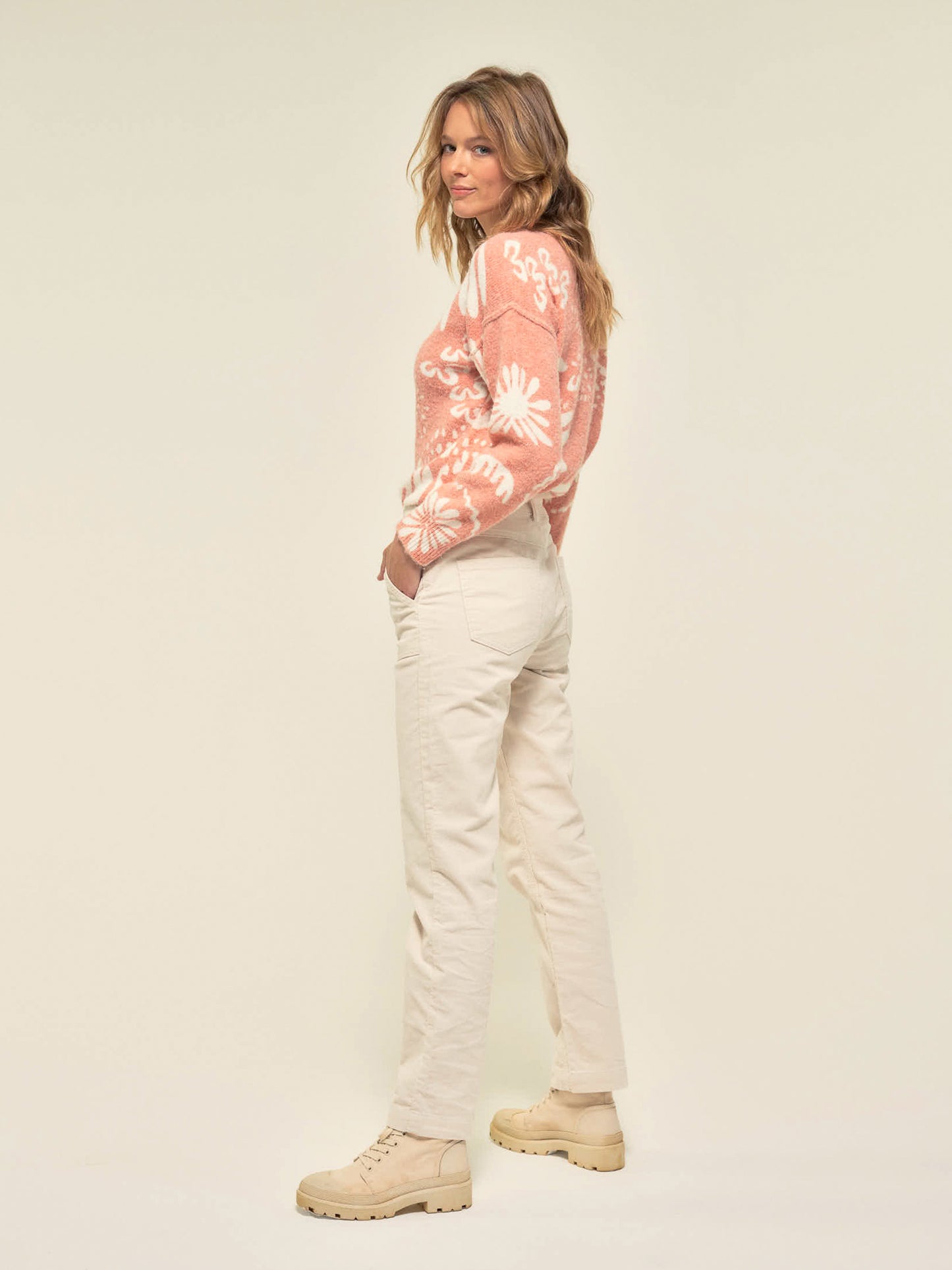 Velvet Fine Cord Trousers in Ecru