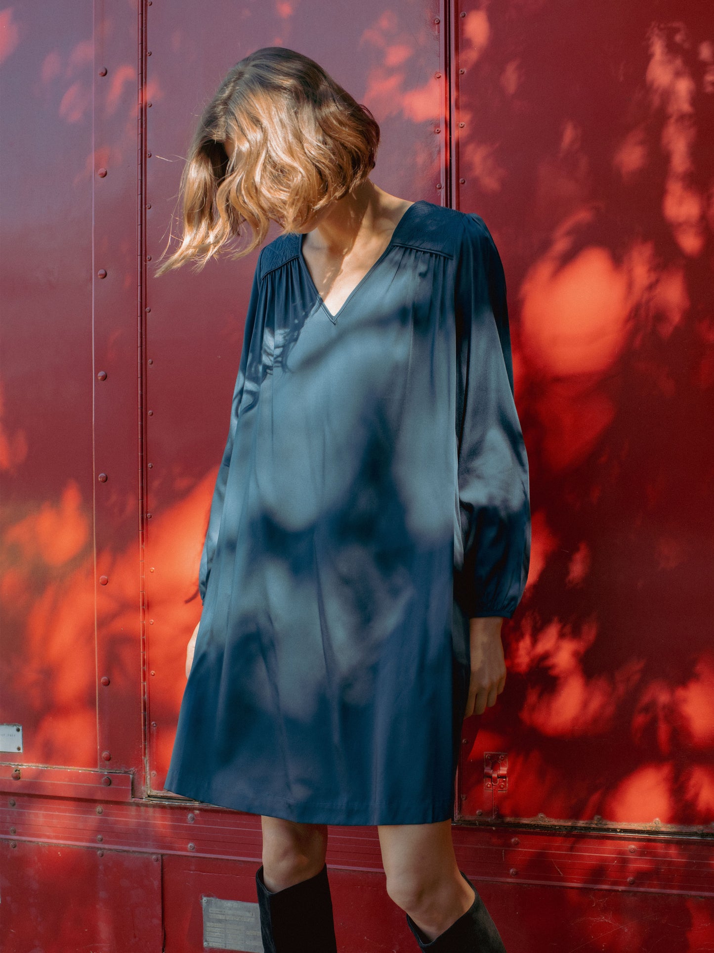 Dress with Quilted Panel in Ink Blue
