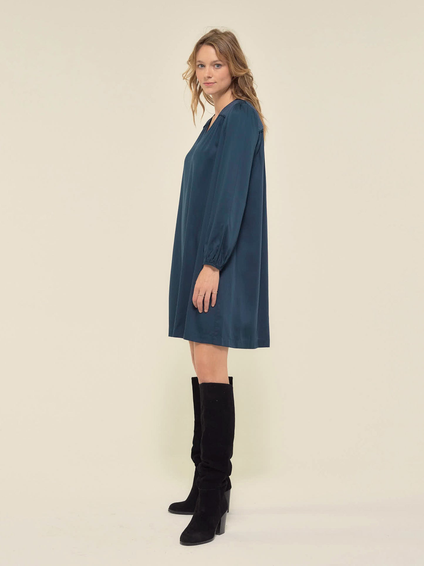 Dress with Quilted Panel in Ink Blue
