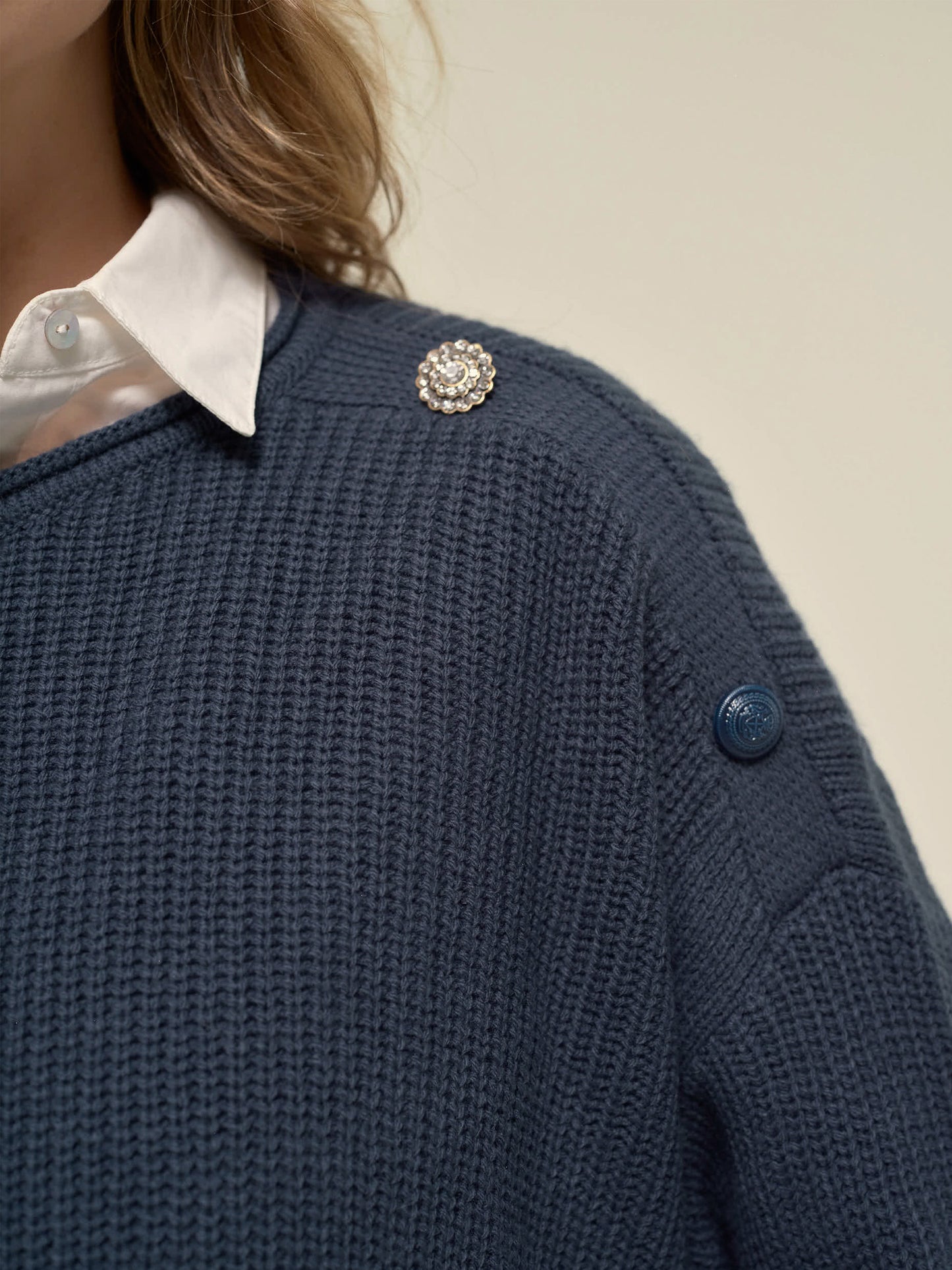 Jumper with Jewelled Buttons in Storm Blue