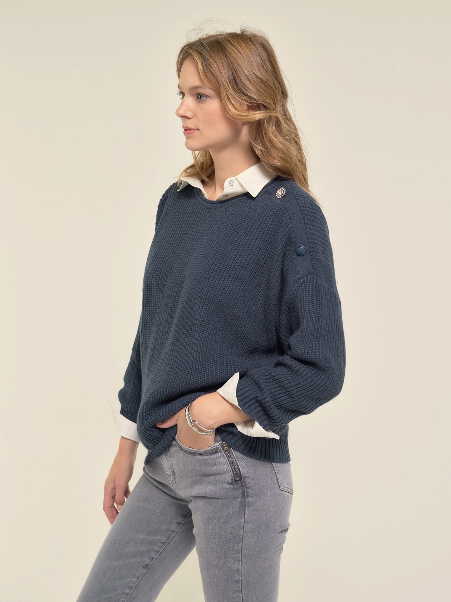 Jumper with Jewelled Buttons in Storm Blue