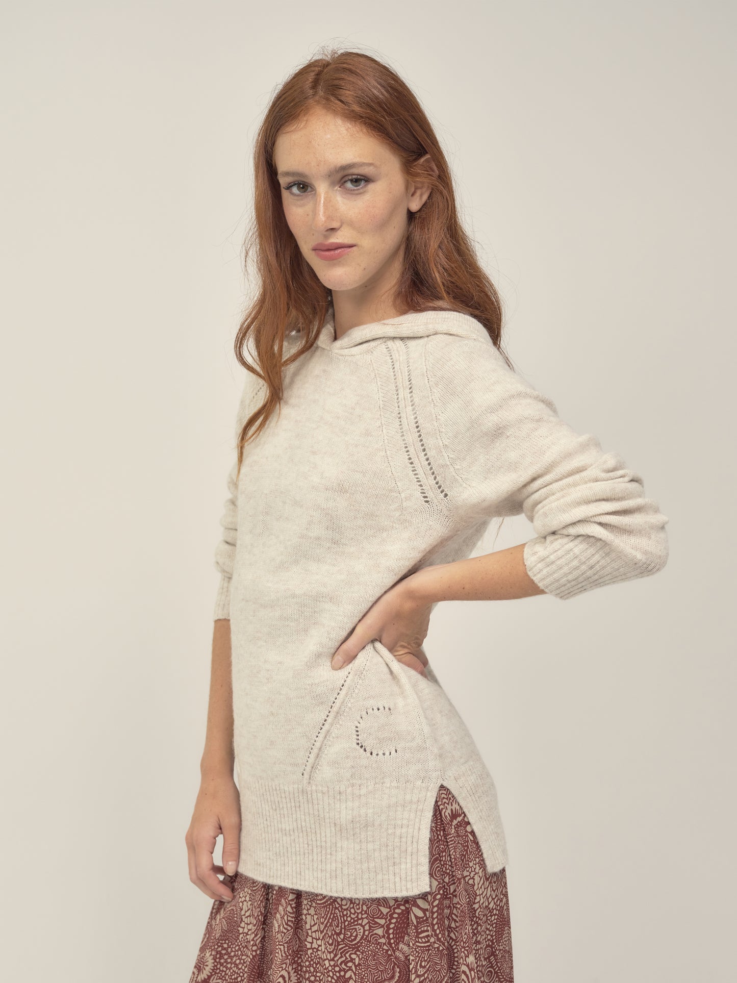 Pointelle Detail Hoodie in Beige